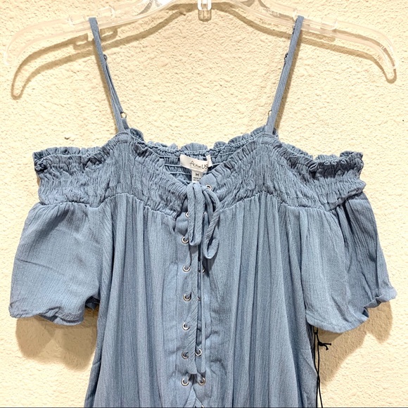 Open Shoulder Blue Corset Detail Blouse (NWT) - Picture 2 of 8